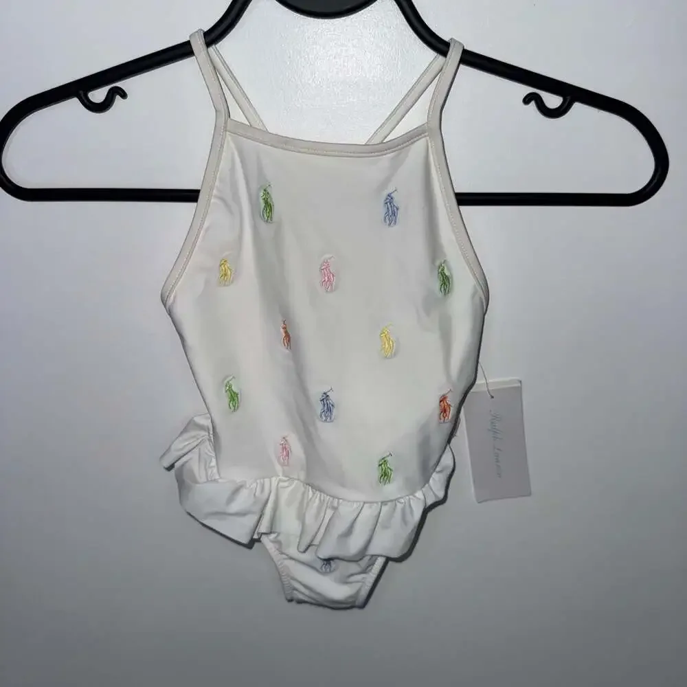 Ralph Lauren Baby Girl White Ruffled One-Piece Swimsuit Logos NWT